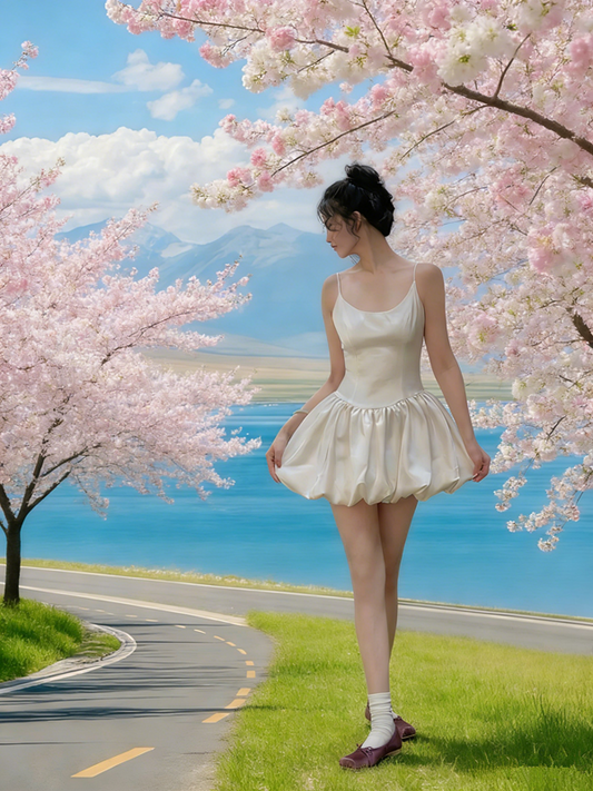 Beige halter-neck fitted short ball gown with tulip skirt R8026