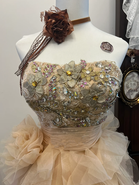 Orange tube top embroidered flower waist slim fit fluffy tulle cute princess skirt homecoming dress R4311