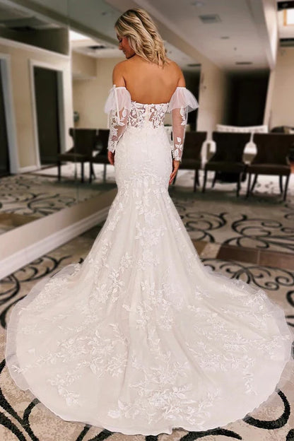 omberprom Elegant Floral Lace Sweetheart Mermaid Wedding Dress with Detachable Sleeves