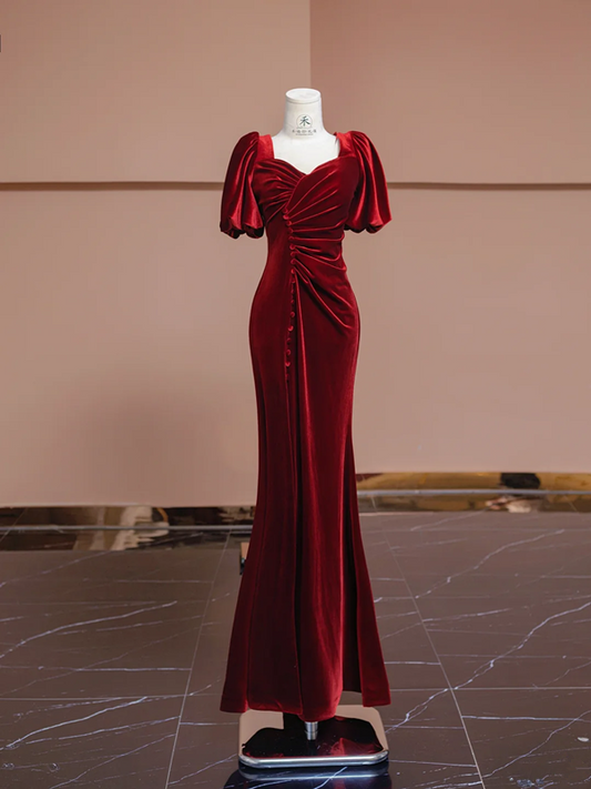 Deep red square neckline fitted waist long ball gown, bridal dress R8313