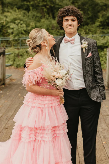 Plus Size Off The Shoulder Pink Ruffles A-Line Party Prom Dress