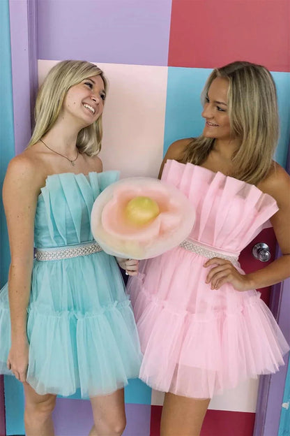 PM524,Strapless Pleated Ruffles Homecoming Dress, Sleeveless Mini Party Dress