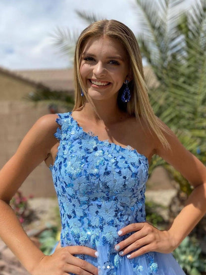 Blue one shoulder tulle long prom dress blue evening dresses