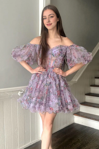 omberprom A Line Prom Dresses Off the Shoulder Printed Homecoming Dress