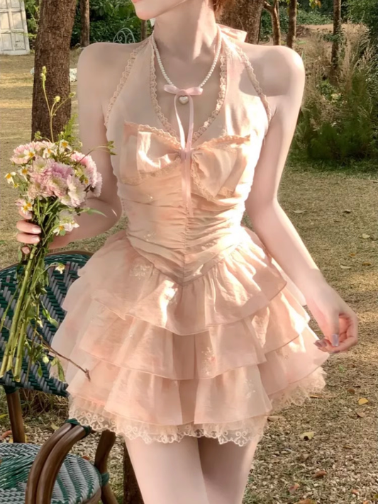 Vintage Pink A-Line Halter-neck Tiered Homecoming Dress Party Dress Cocktail Dress TP4721