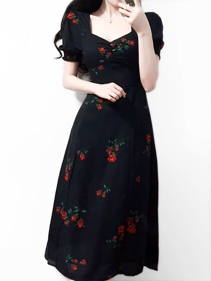 2025 Summer New French Retro Square Neck Black Floral Puff Sleeve Dress R0908