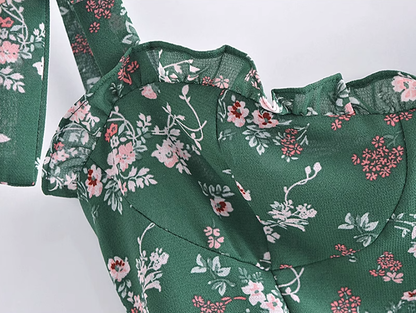 2025 Summer New Retro Green Floral Fungus Small A-line Suspender Dress R0926