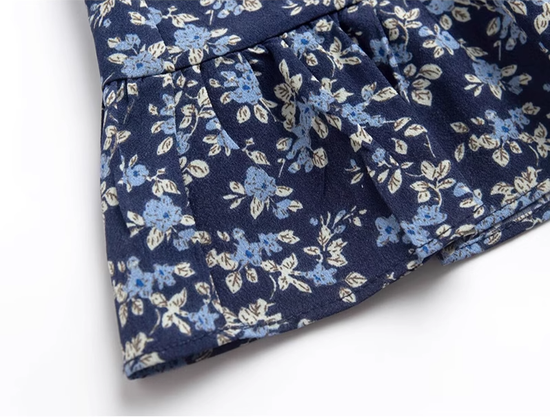 2025 Summer New Blue Floral Vacation Petite Short A-line Suspender Dress R0935