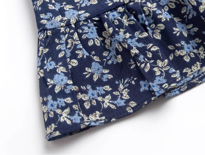 2025 Summer New Blue Floral Vacation Petite Short A-line Suspender Dress R0935