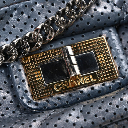 Metallic Crackled Calfskin Perforated Drill Flap Silver