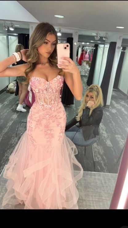 Vintage Pink Applique Strapless Sequin Evening Gown Mermaid Sweetheart Party Dress Long Formal Dress TP4972