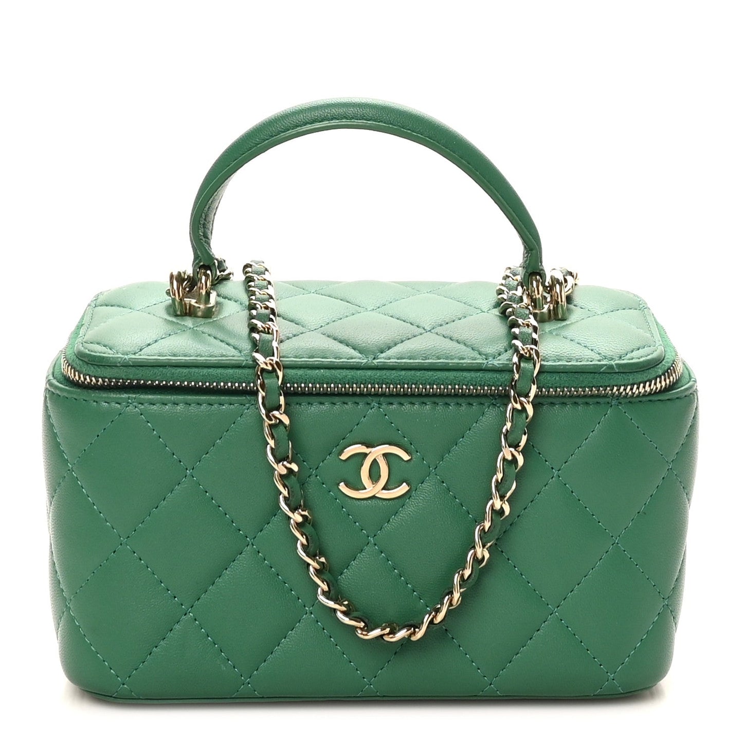 Lambskin Quilted Small Top Handle Vanity Case With Chain Green