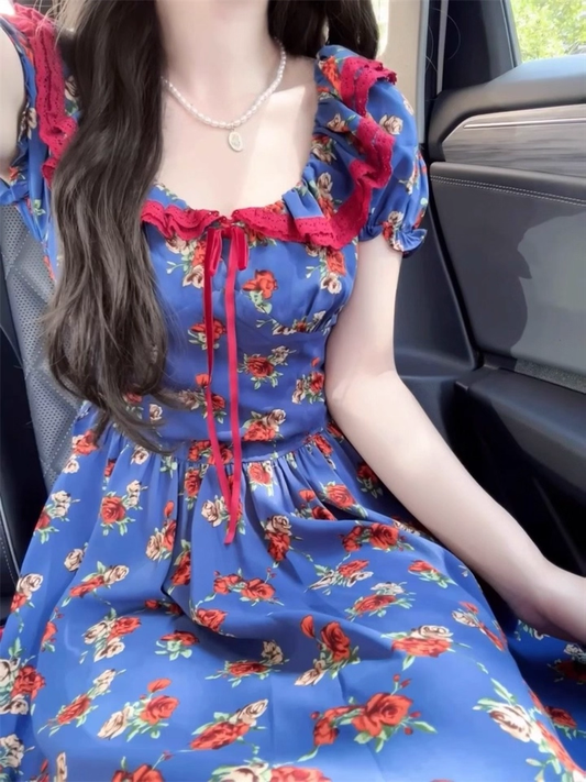 Vintage Navy Blue A-Line Prom Dress Floral Short-sleeve Evening Dress Long Formal Dress TP4724