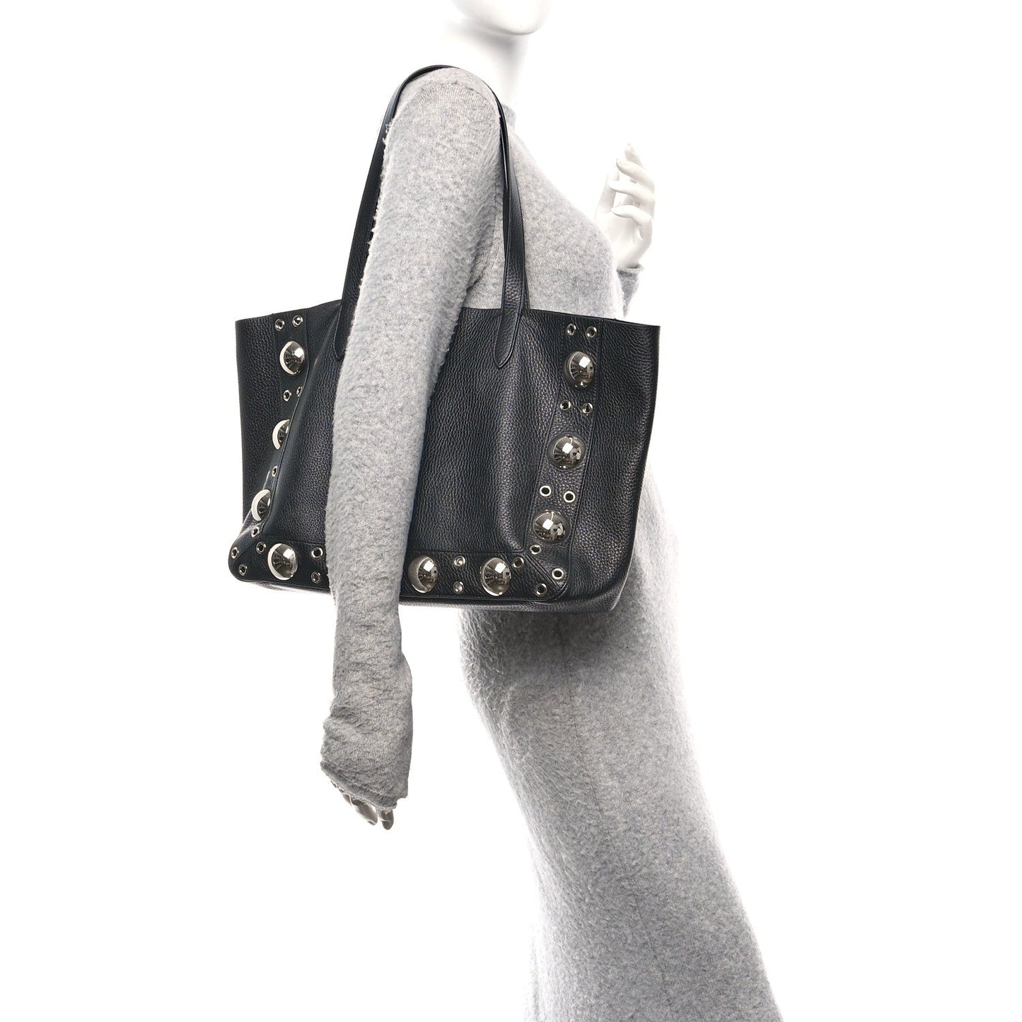 Grainy Calfskin Studded Medium Nellcote Shopping Tote Black
