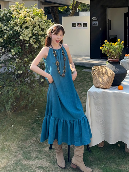 Fairy simple and elegant French blue suspender dress v-neck hollow woven knitted cardigan suit R1760