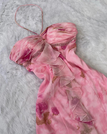Vintage Pink Floral Prom Dress Sheath Ruffled Evening Dress Halter-neck Formal Dress TP4684