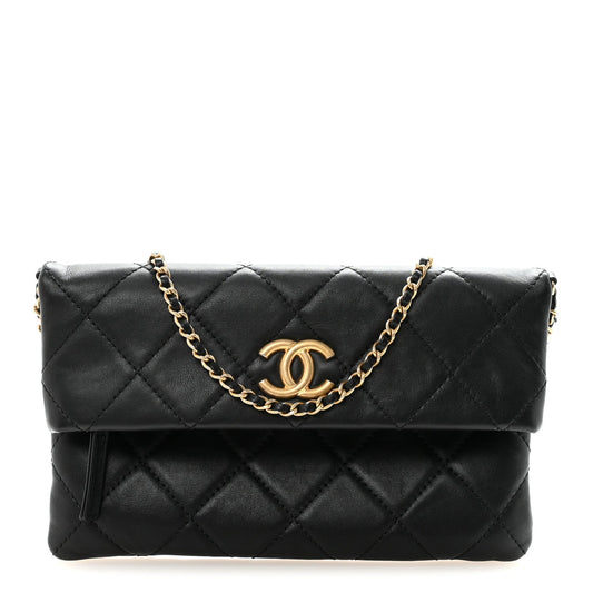 Calfskin Quilted Fold Over Clutch Black