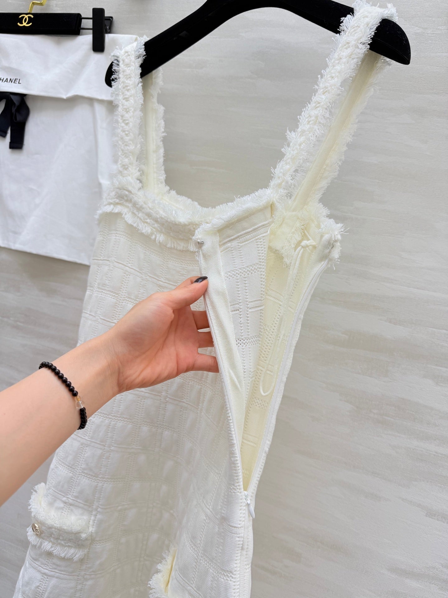 Chanel 2025 Raw-Edge Check Suspender Dress White Cotton 319515