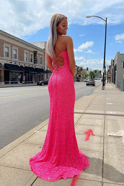 omberprom Fashion Prom Dresses Glitter Straps Hot Pink Sequins Prom Gown with Slit