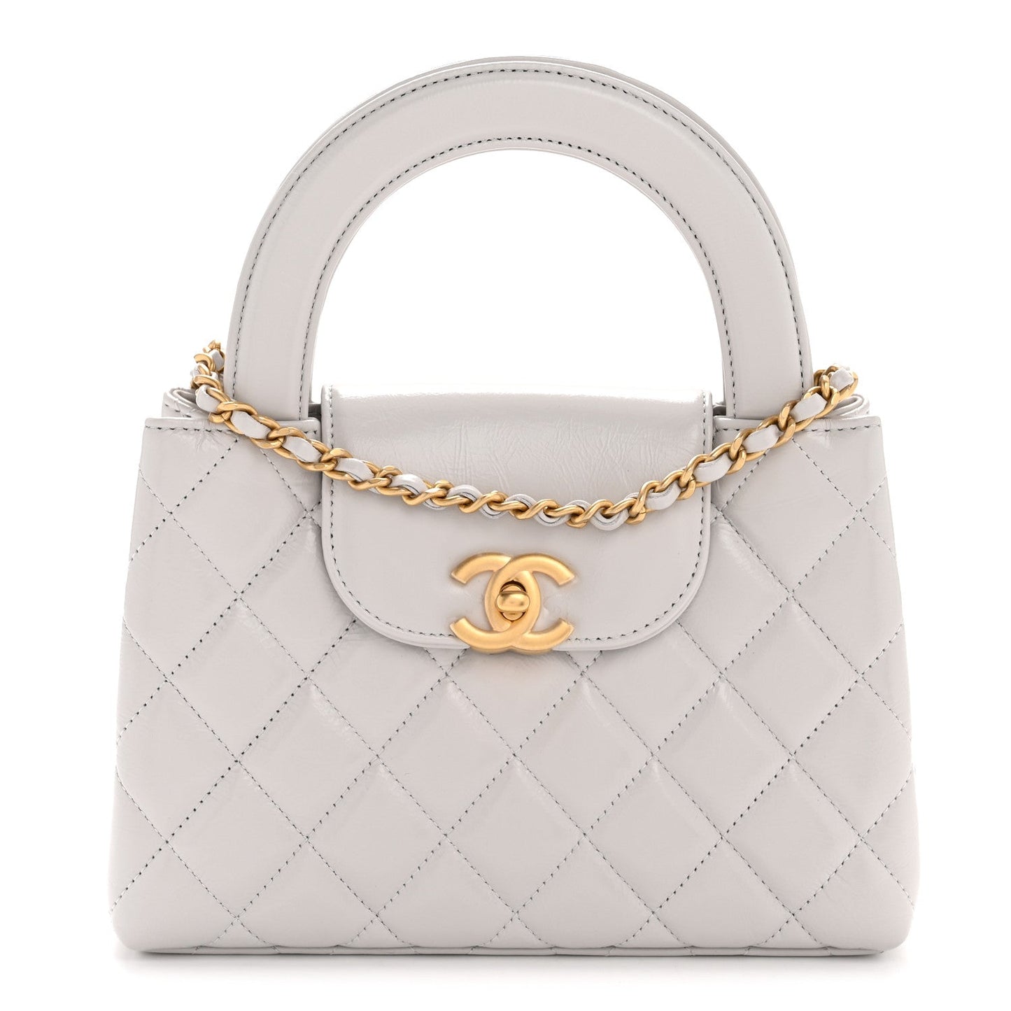 Shiny Aged Calfskin Quilted Nano Kelly Shopper Light Grey