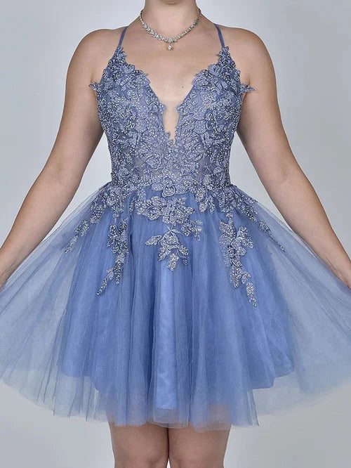omberprom Elegant A Line Sleeveless Graduation Dresses Applique Tulle Short Homecoming Dress