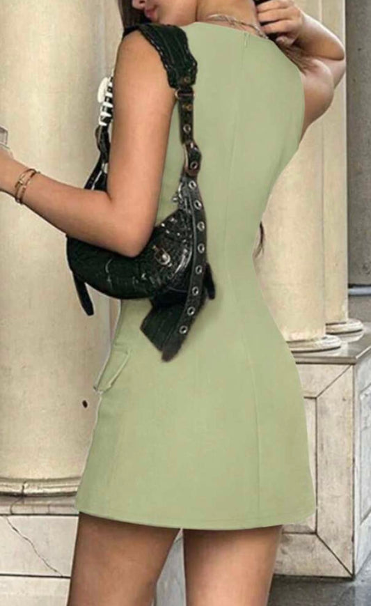 Green round neck sleeveless waist slim A-line short skirt homecoming dress R3836