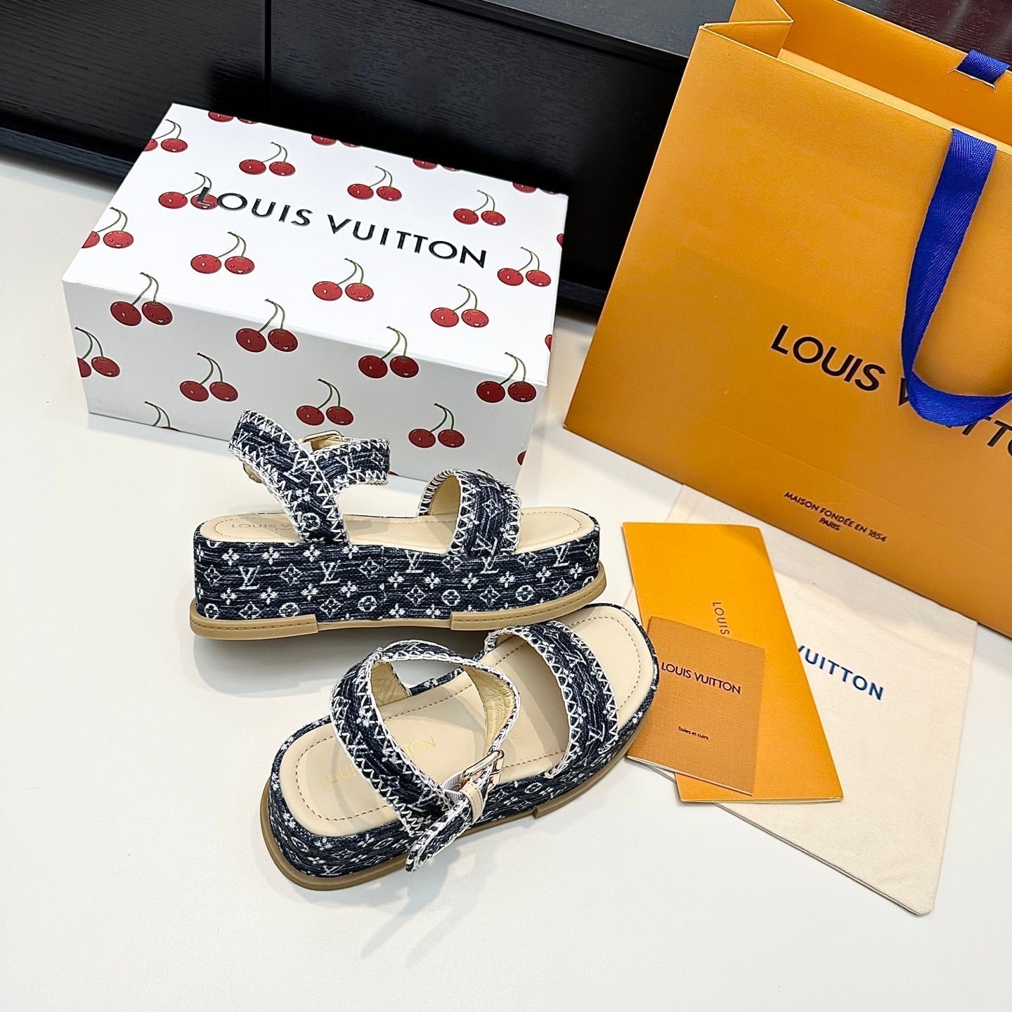 LV Maya Platform Sandals 6cm Blue Denim Beige Cowhide 572500