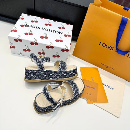 LV Maya Platform Sandals 6cm Blue Denim Beige Cowhide 572500