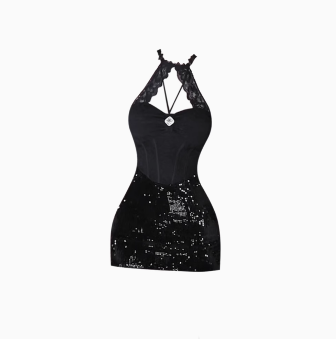 2025 Lace Sleeveless Halter Neck Dress with Waist Sequin Hip Short Skirt R1150