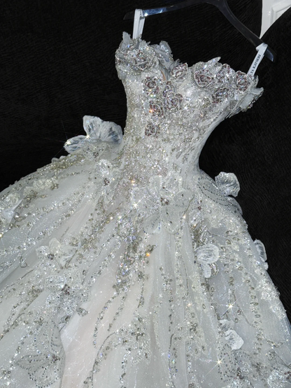 Gorgeous Shiny Beaded White Sweetheart Tulle Sequin Design Elegant A-Line Floor-length Wedding Dress TP4186
