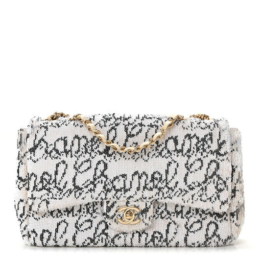 Sequin Logo Medium Flap White Black