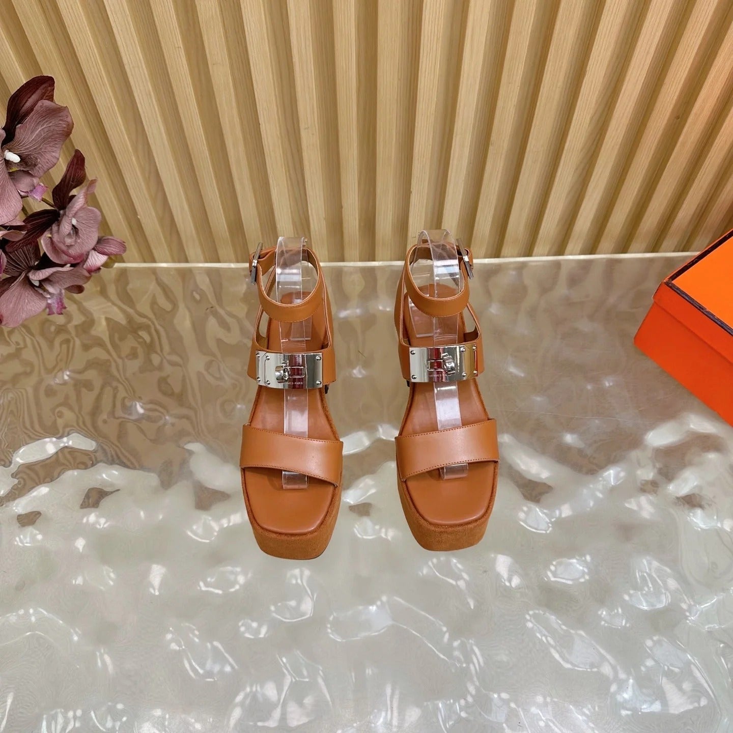 HM 25S CLASSIC WEDGE SANDALS 70 MM IN BROWN LAMBSKIN WITH SILVER HARDWARE