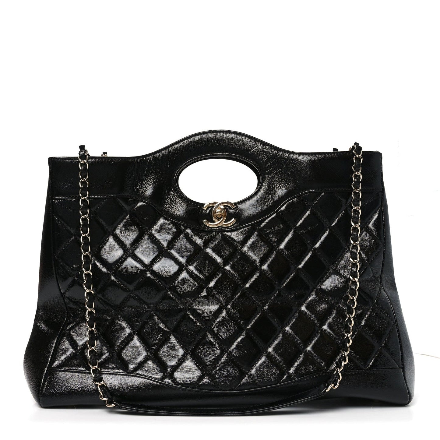 Shiny Crumpled Calfskin Quilted Large 31 Shopping Bag Black
