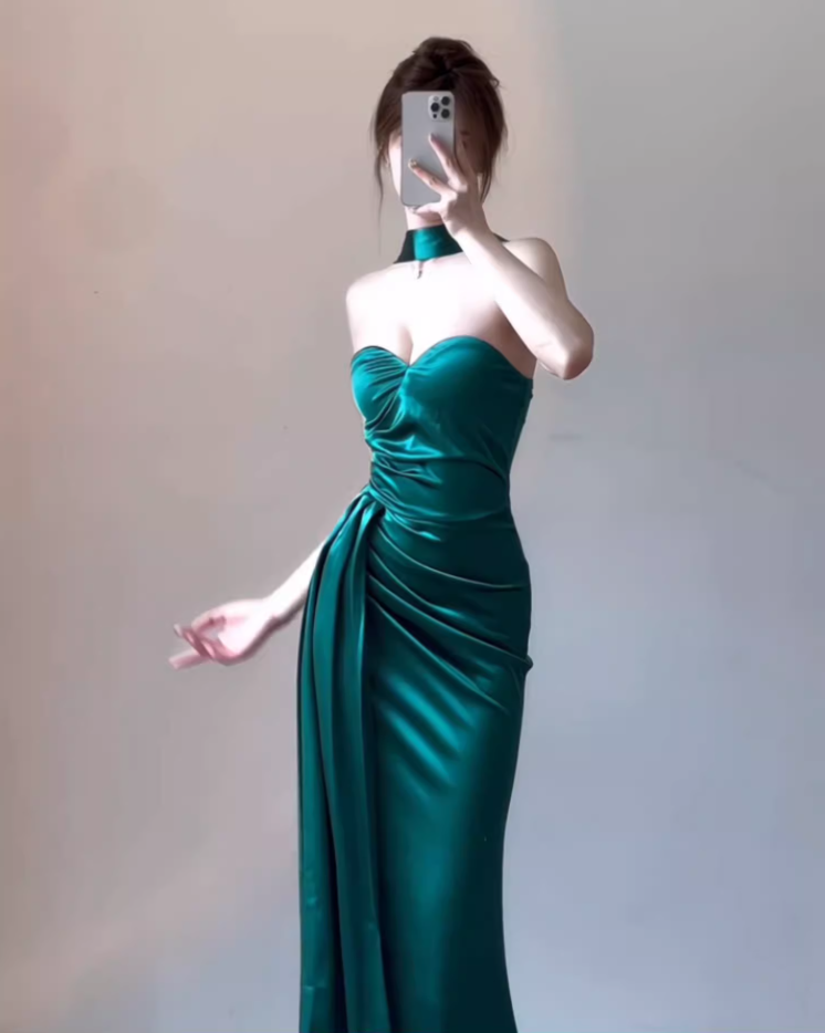 Birthday dress high-end evening dress high-end niche satin tube top halter neck dress R1765