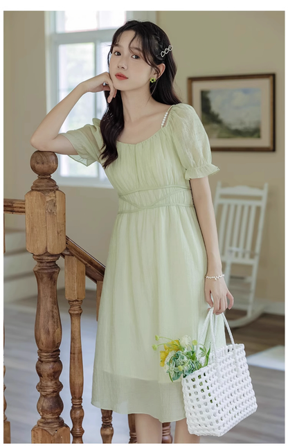 New Simple Fashion Green Short Sleeve Design A-Line Long Dress TP3044