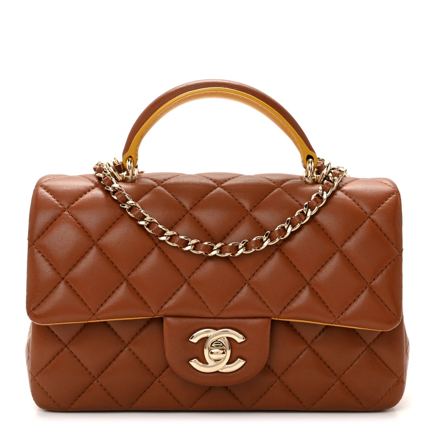 Lambskin Quilted Bi-Color Mini Top Handle Rectangular Flap Light Brown Yellow