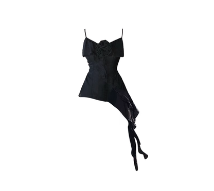 Black V-neck ruffled camisole vest for women 2025 new summer hot girl slim irregular hem top R0107