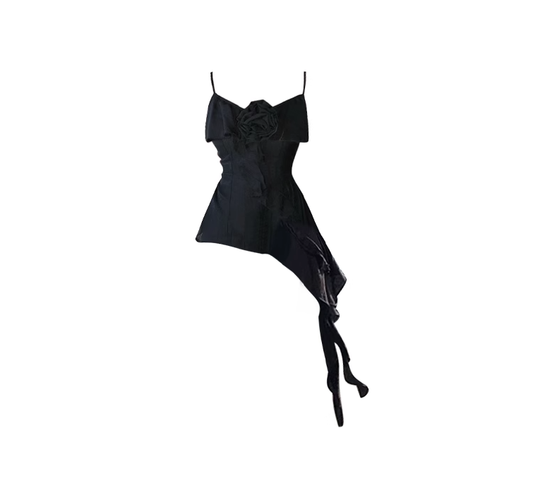 Black V-neck ruffled camisole vest for women 2025 new summer hot girl slim irregular hem top R0107