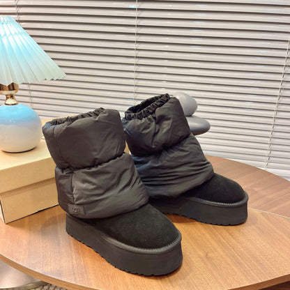 UGG Classic Mini Dipper Puffer Boots Black Suede Technical Fabric