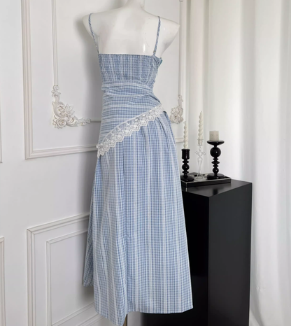 Blue plaid lace slim and high-end detachable suspender tube top long skirt R1984