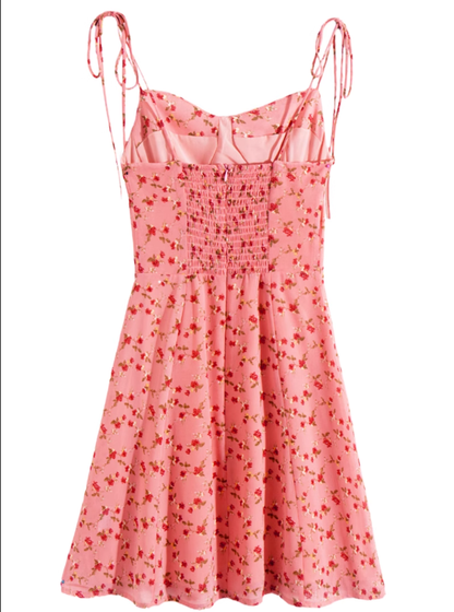 2025 Summer New Pink Floral Tube Top Lace-up Seaside Holiday Suspender Dress R0959