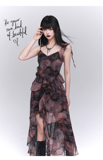 Fashion Vintage Butterfly irregular Dress Brim Design Spaghetti Strap Dress TP2912