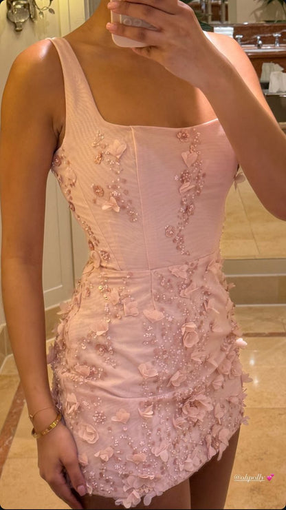 Pink suspender three-dimensional flower slim A-line homecoming dress R2472