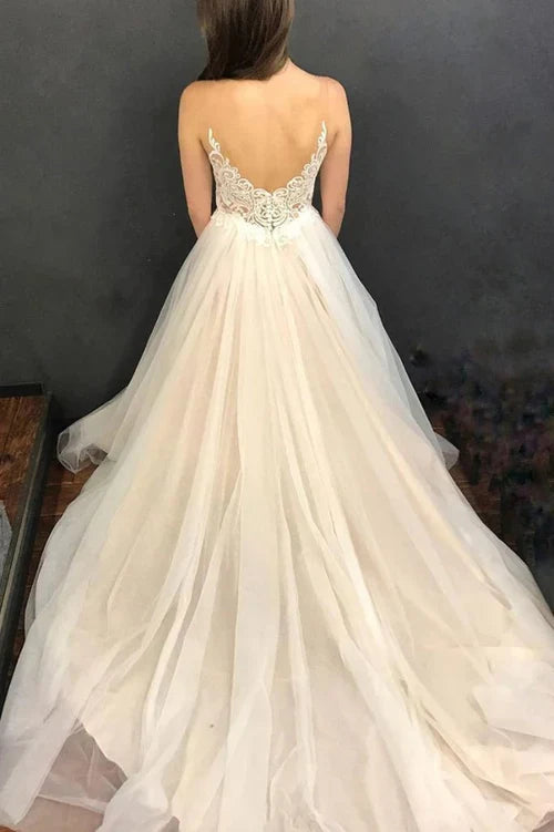 omberprom Elegant A Line Straps Wedding Dress Tulle With Applique Sweep Train