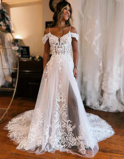 omberprom Elegant A-Line Off The Shoulder Wedding Dress With Appliques And Slit