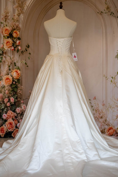 A-Line Strapless Lace Up Back Chapel Train White Satin Wedding Dress