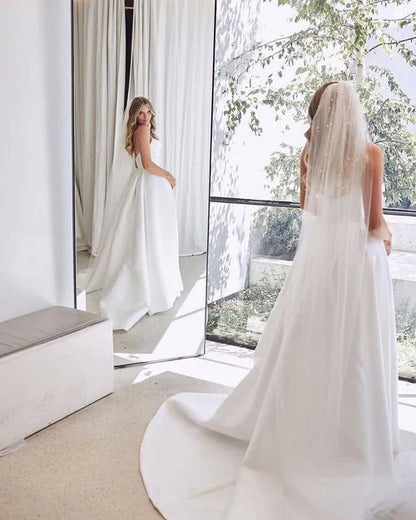 omberprom Elegant A-Line Strapless Sleeveless Satin Wedding Dress With Slit No With Wedding Veil