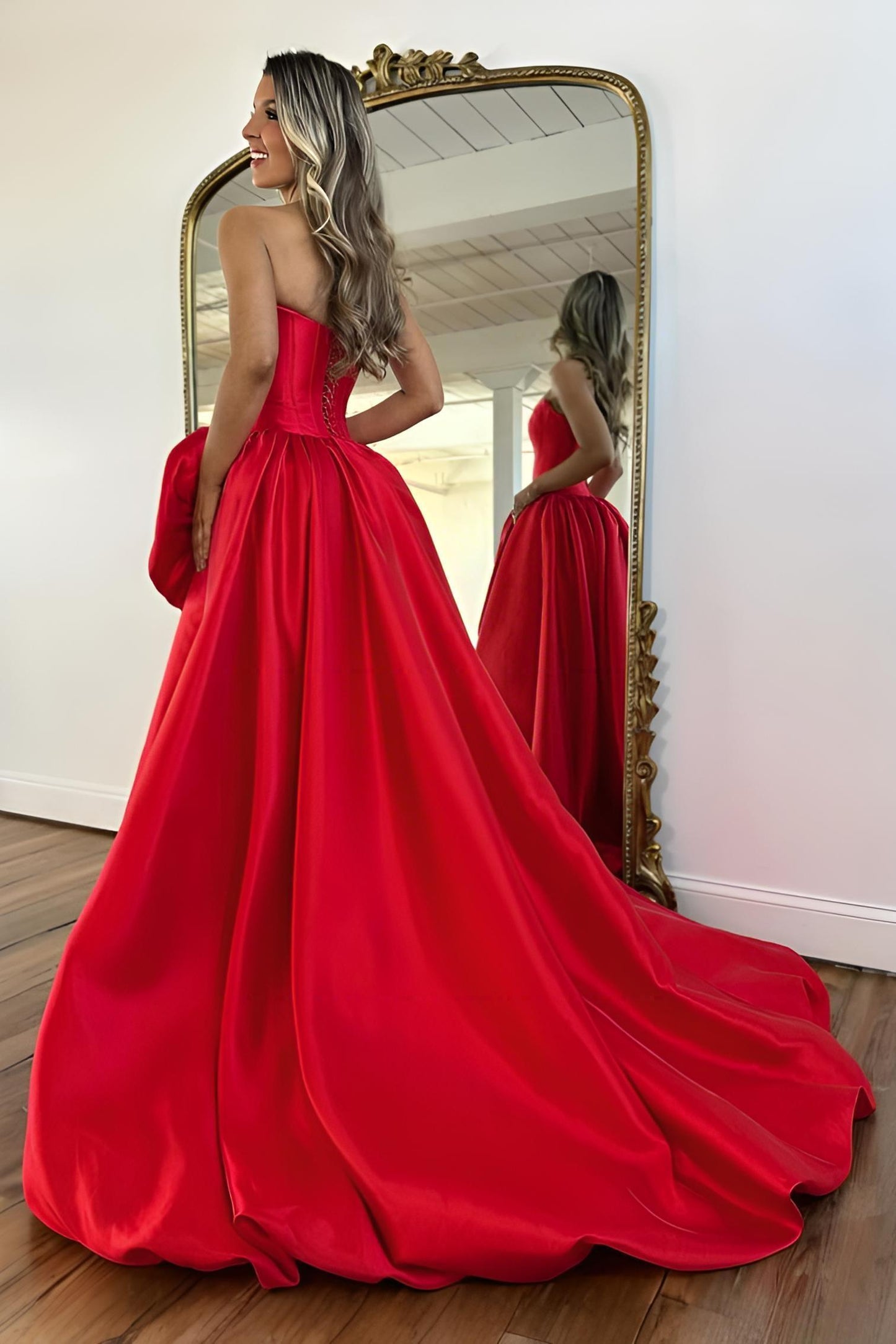 Luxury Strapless Corset Prom Gown with High Slit Skirt and Rosette Accent