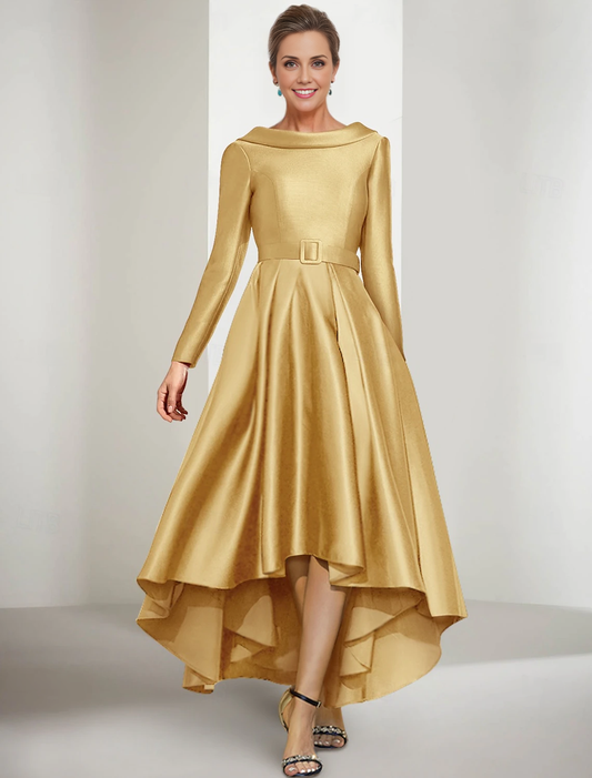 omberprom A-Line Mother of the Bride Dress Elegant Long Sleeve Prom Dresses PromJewel Neck Asymmetrical Satin Long Sleeve with Sash / Ribbon