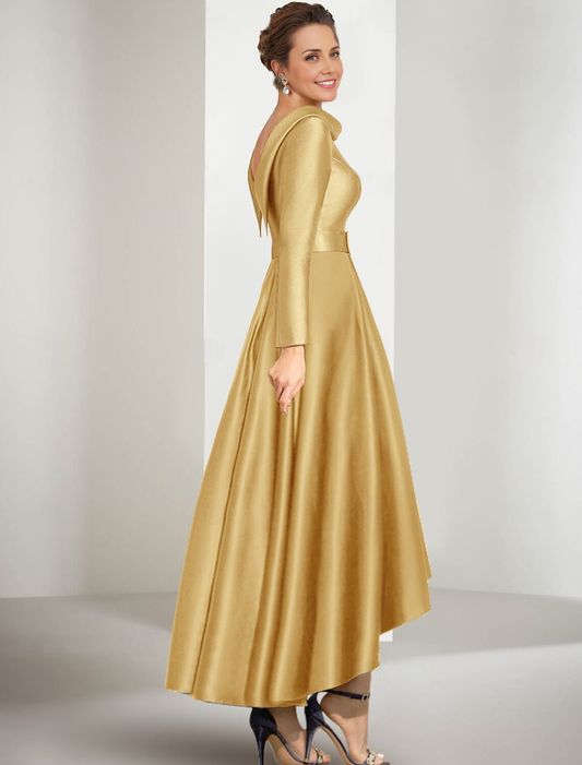 omberprom A-Line Mother of the Bride Dress Elegant Long Sleeve Prom Dresses PromJewel Neck Asymmetrical Satin Long Sleeve with Sash / Ribbon
